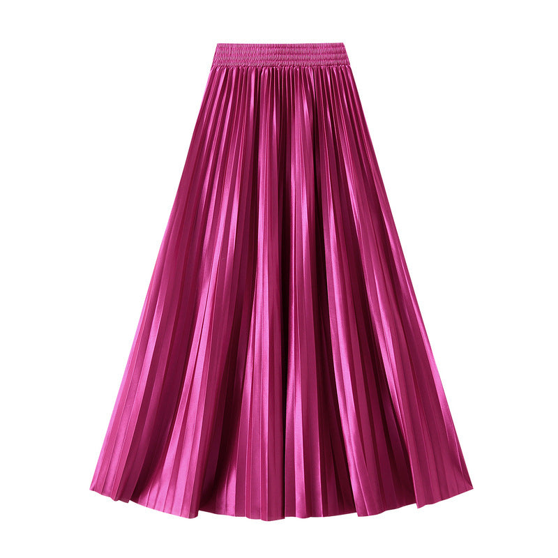 Glossy High-Waist Pleated A-Line Skirt in One Size Coral Red - by Malbusaat
