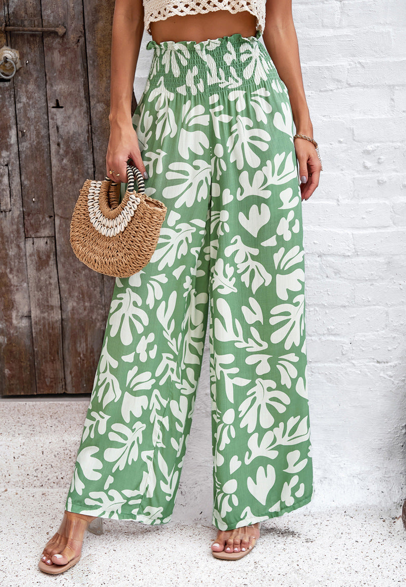 Abstract Print Smocked Waist Wide Leg Trousers