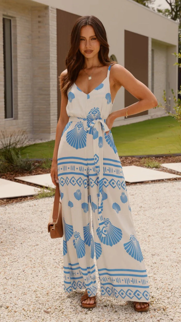 Printed V-neck Wide Leg Jumpsuit in - by Malbusaat