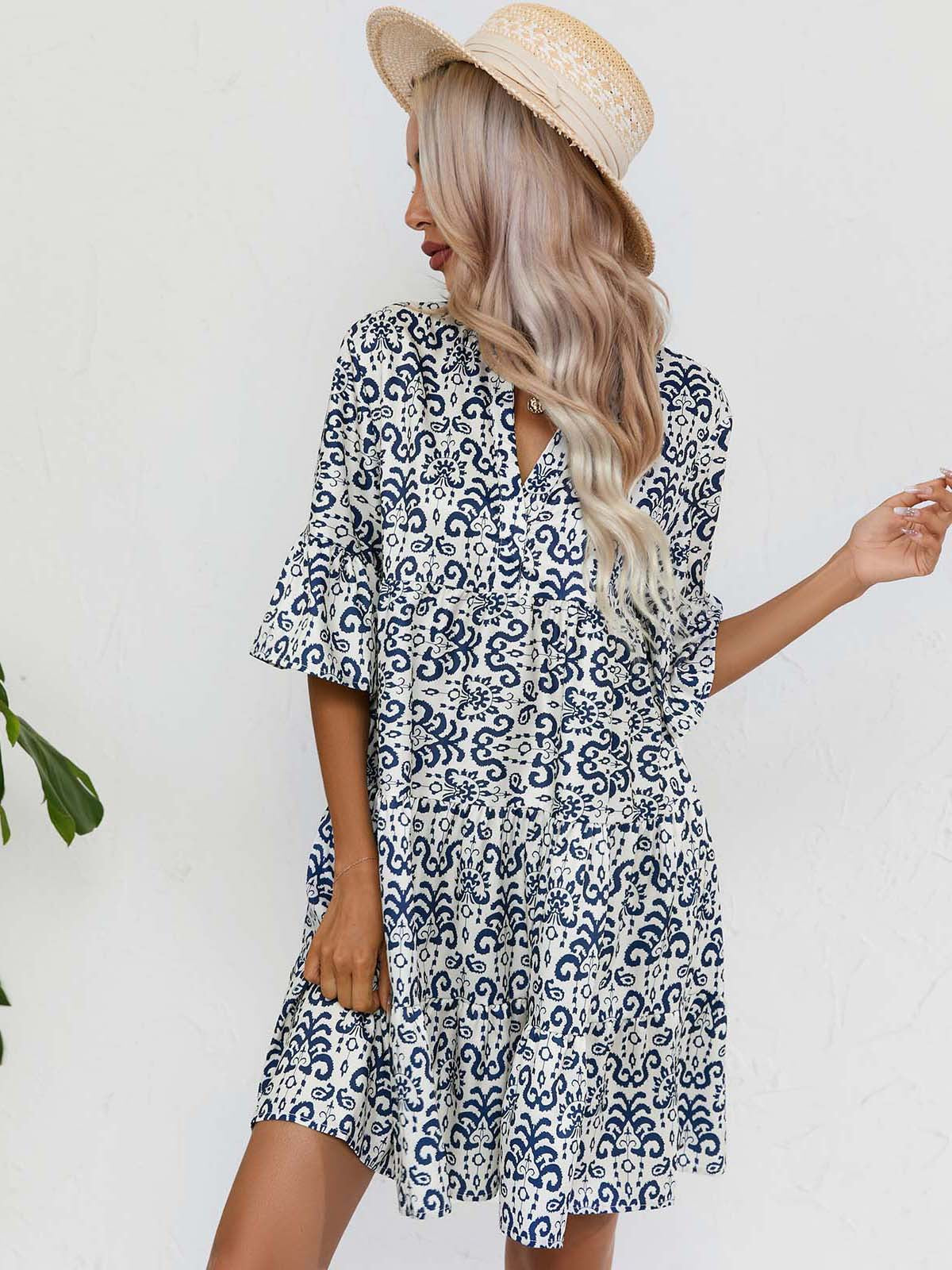 Floral V-Neck Short Summer Dress in - by Malbusaat