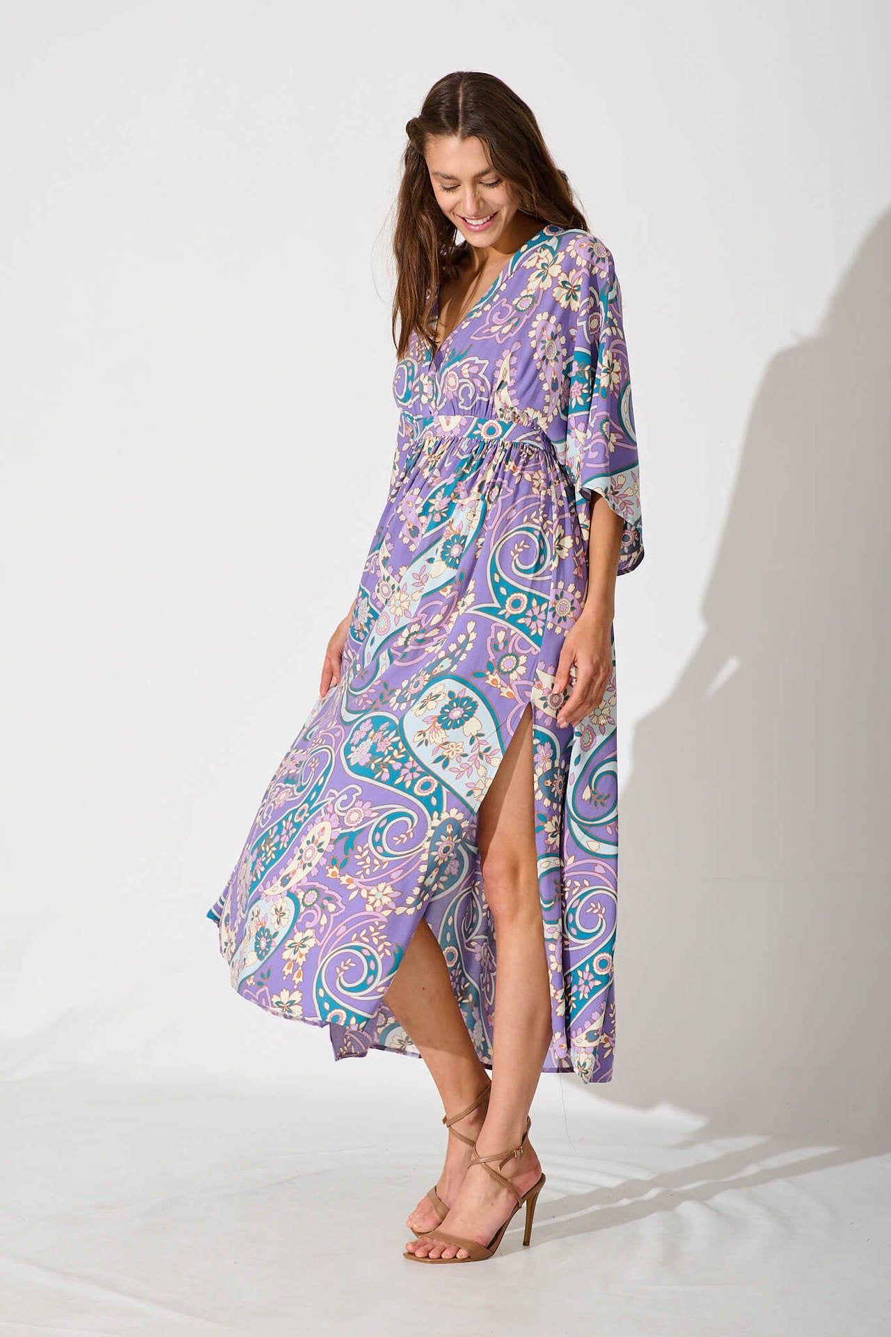 V-Neck Batwing Sleeve Printed Slim Maxi in - by Malbusaat