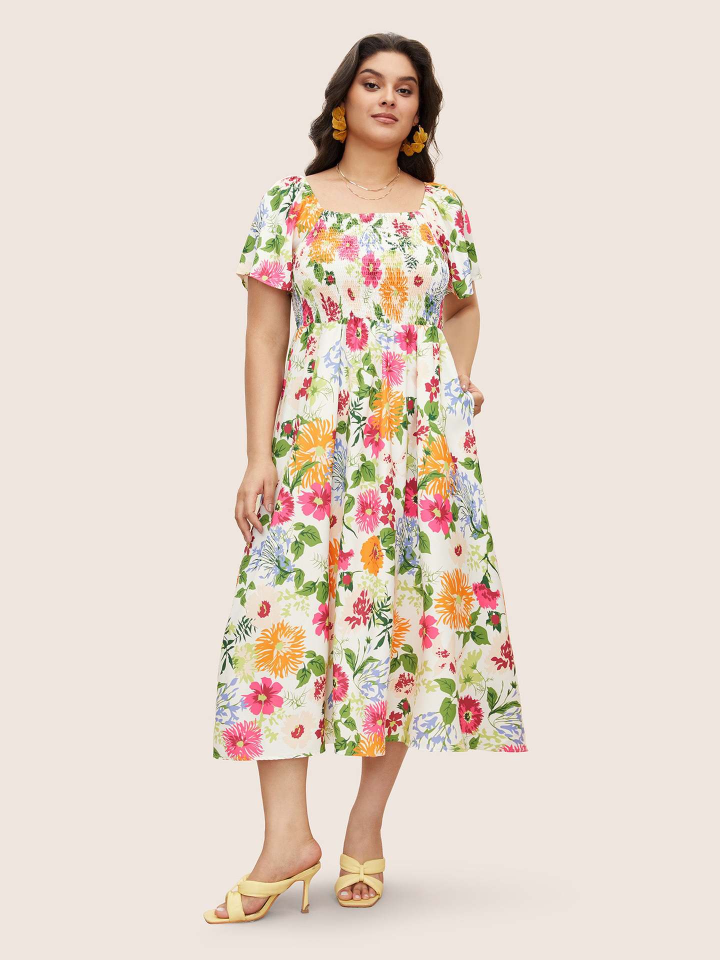 Plus Size Floral Square Neck Midi Dress in - by Malbusaat