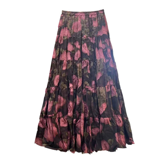 Retro Rose Printed Midi Skirt in - by Malbusaat