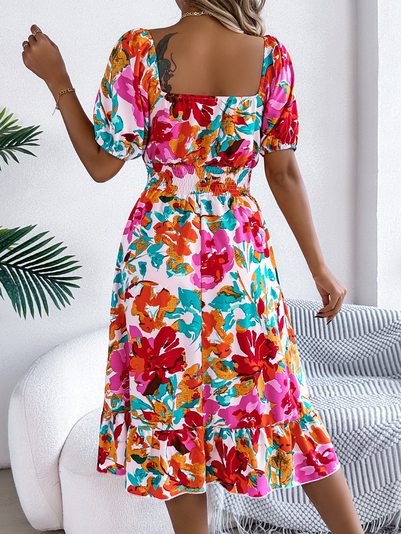 Floral Square Neck Smocked Ruffle Midi A-Line Dress in - by Malbusaat
