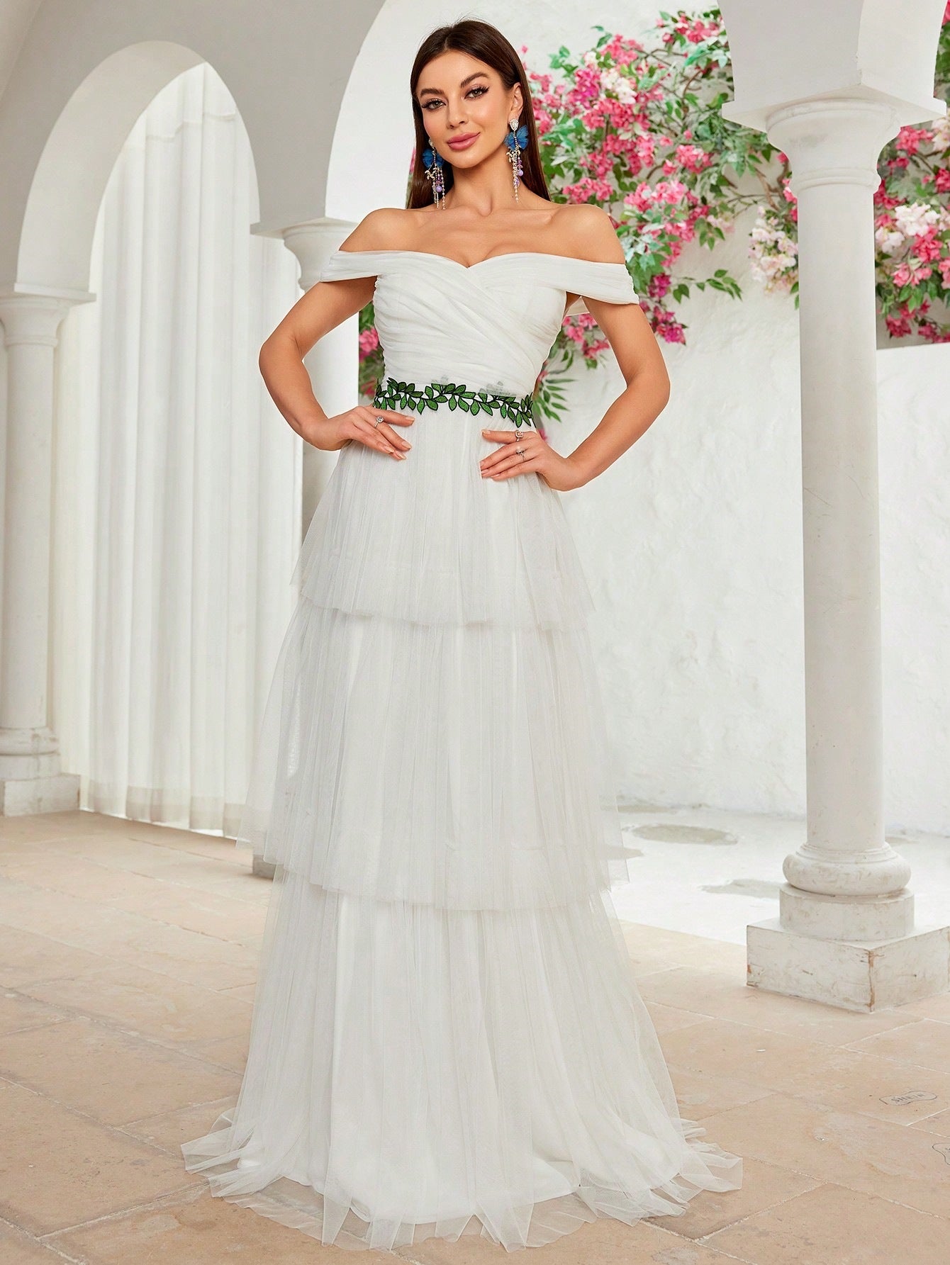 Elegant Off-Shoulder Mesh Maxi in - by Malbusaat