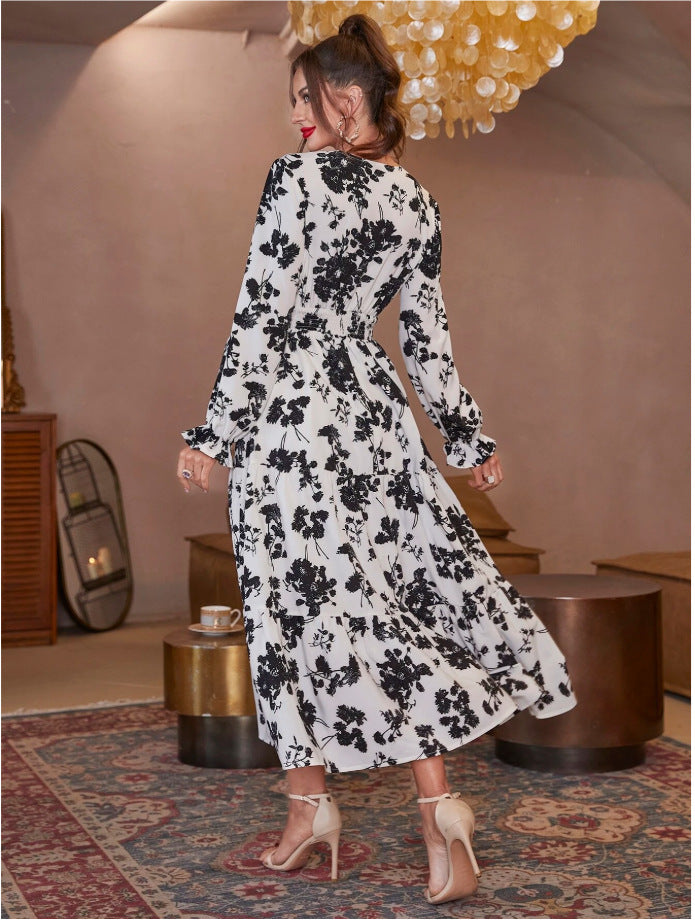 Floral V-Neck Long Sleeve Smocked Tiered Maxi in - by Malbusaat