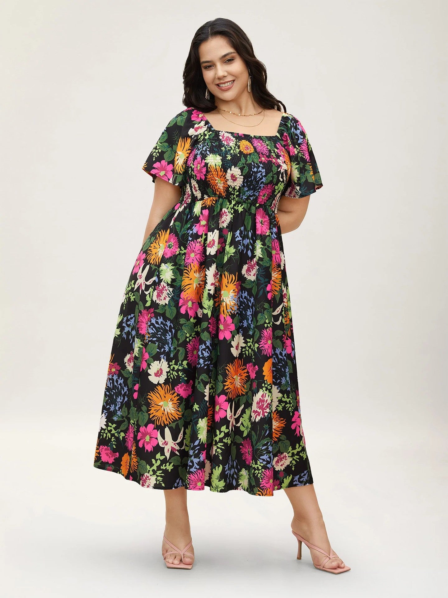 Plus Size Floral Square Neck Midi Dress in - by Malbusaat