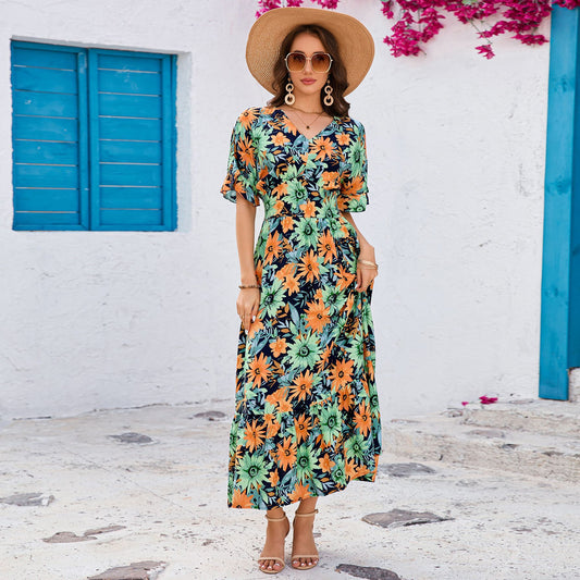 Ruffled V-Neck Short Sleeve Maxi in - by Malbusaat