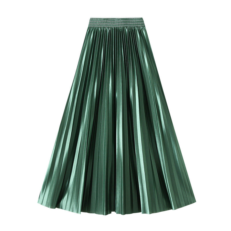 Glossy High-Waist Pleated A-Line Skirt in One Size Dark Green - by Malbusaat