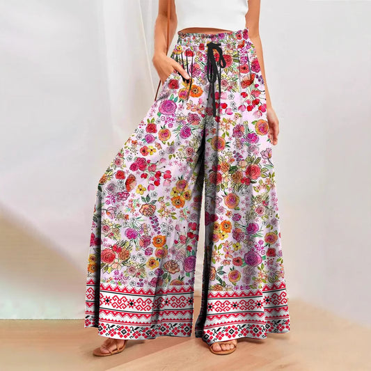 Boho Print High-Rise Wide Leg Vacation Pants in - by Malbusaat
