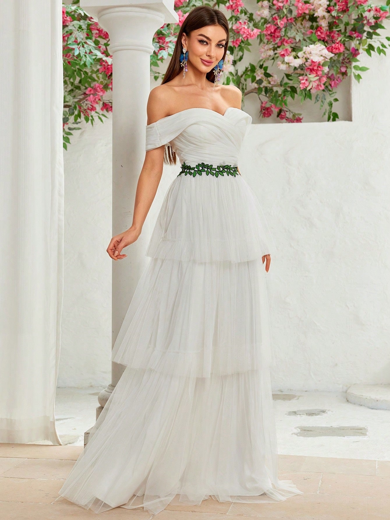 Elegant Off-Shoulder Mesh Maxi in - by Malbusaat