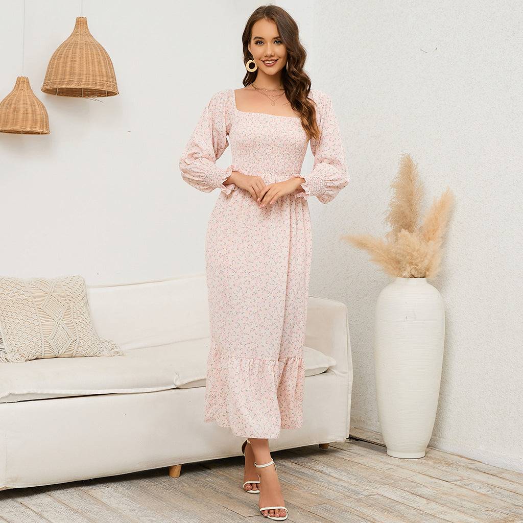 Boho Floral Chiffon Maxi Dress in Pink Floral - by Malbusaat