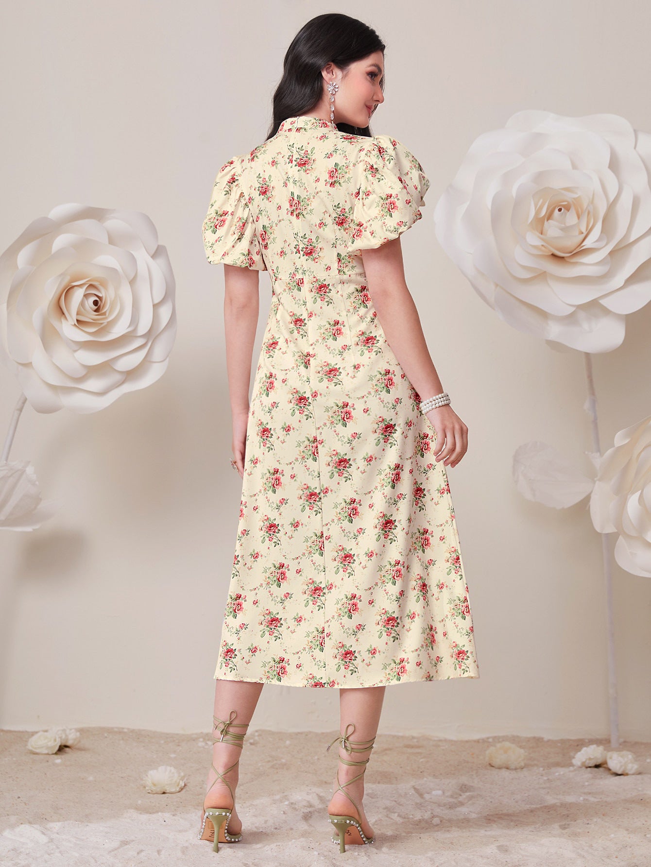Elegant High Waist Puff Sleeve Dress in - by Malbusaat