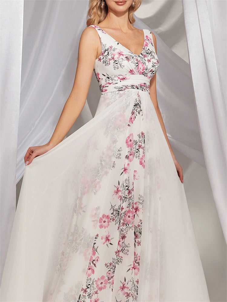 Elegant White Chiffon V-Neck Maxi in - by Malbusaat