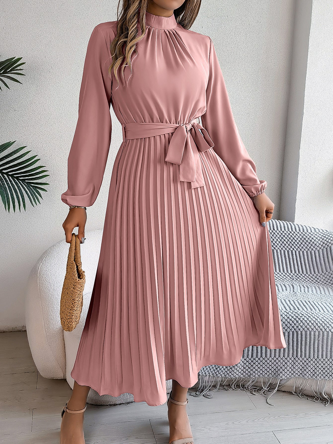 Elegant Stand Collar Pleated Maxi in Pink - by Malbusaat