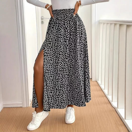 Floral Split Ruffle Maxi Skirt in - by Malbusaat