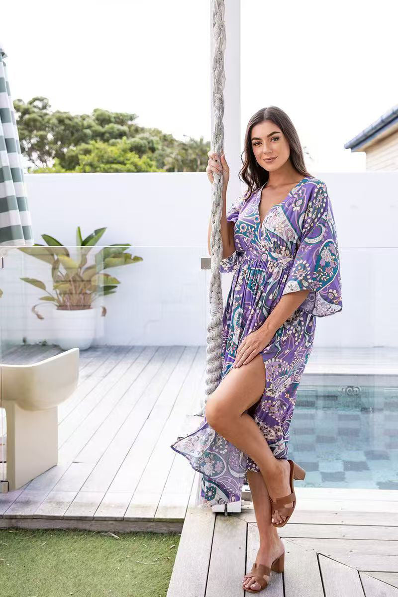 V-Neck Batwing Sleeve Printed Slim Maxi in - by Malbusaat