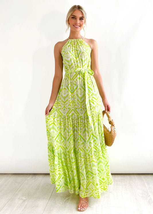 Printed Halter Neck Belted Tiered Maxi in - by Malbusaat