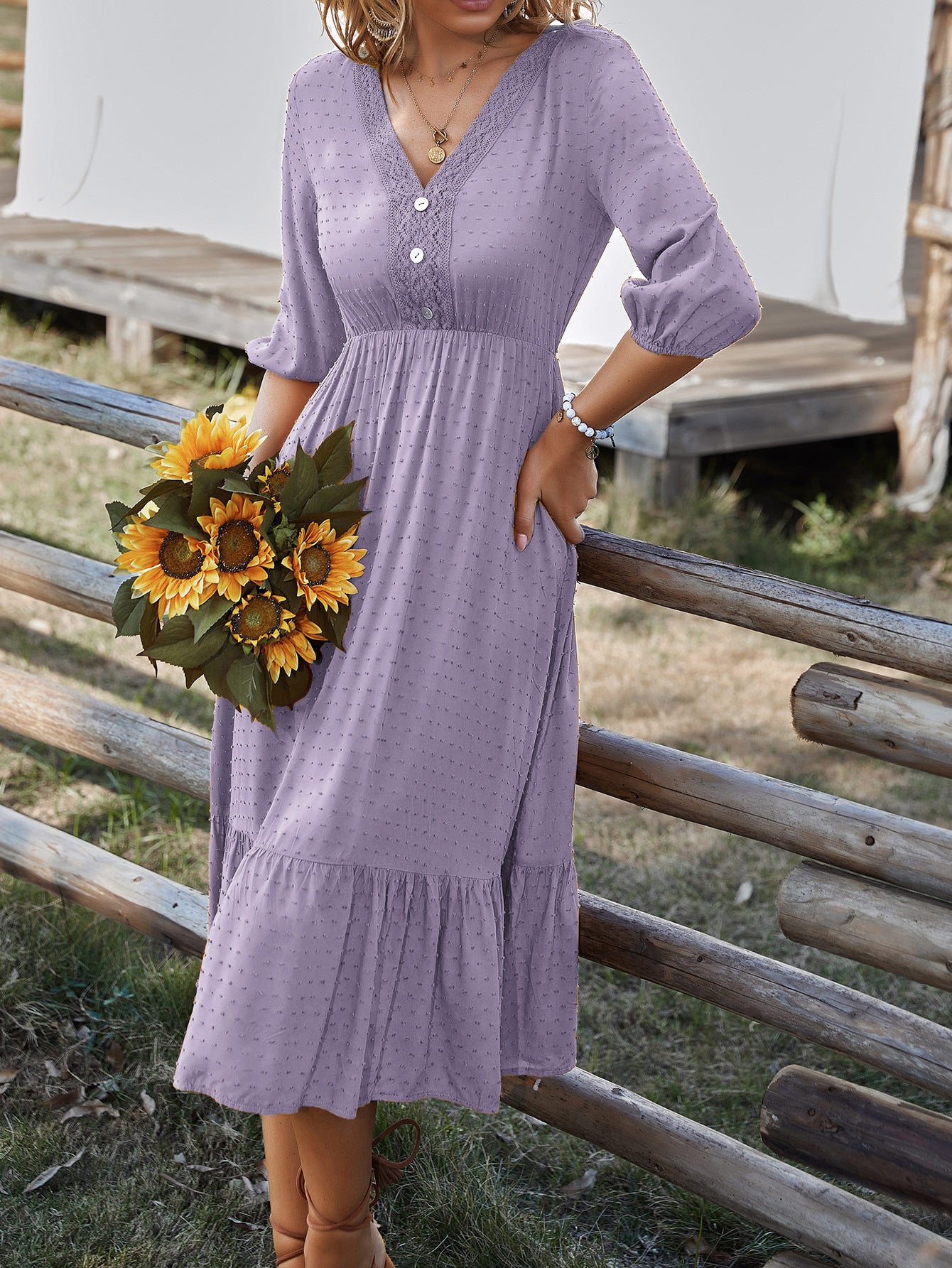 Elegant V-Neck Tiered Maxi in - by Malbusaat