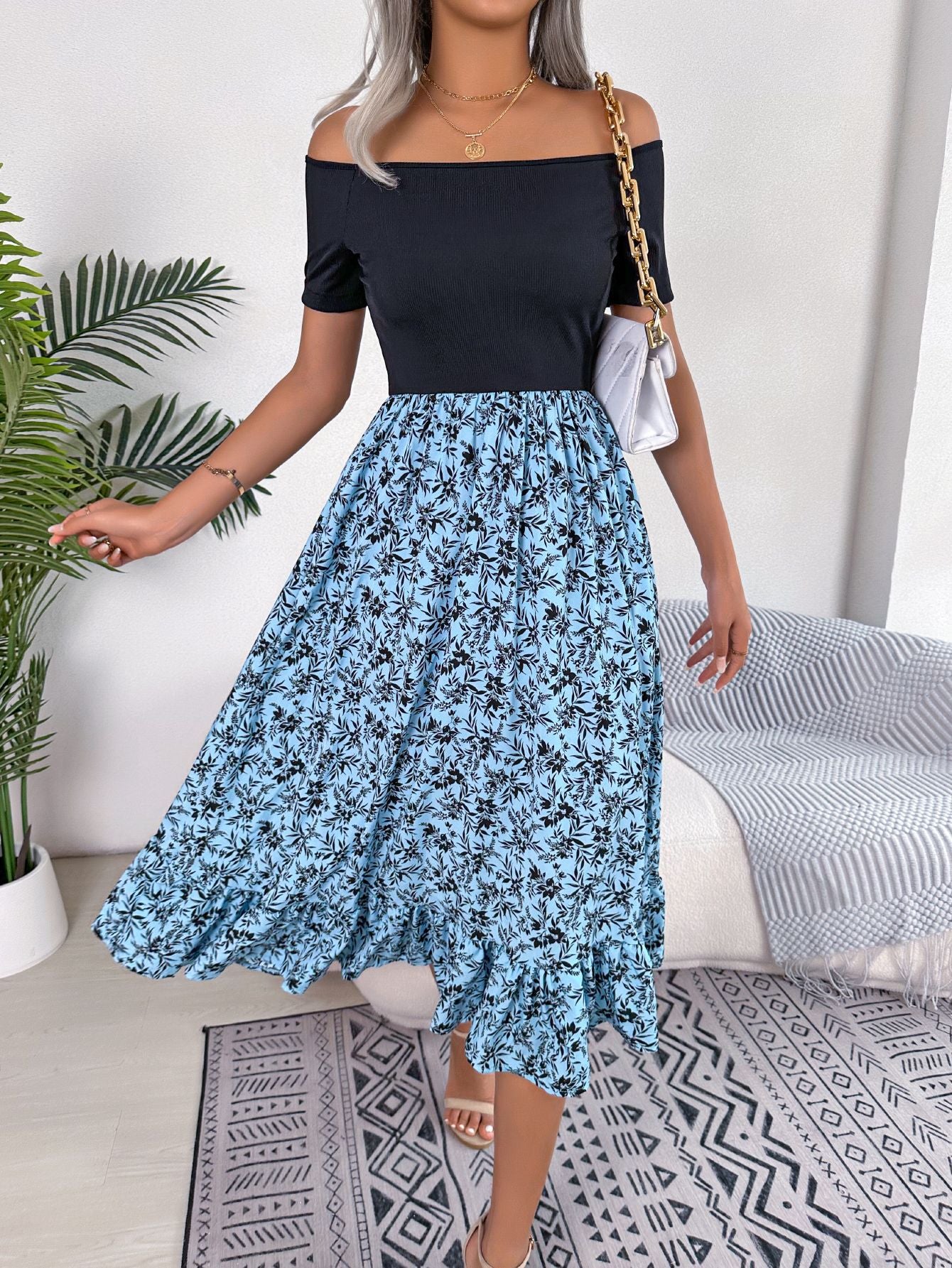 Floral Off-Shoulder Ruffle Patchwork Midi Dress