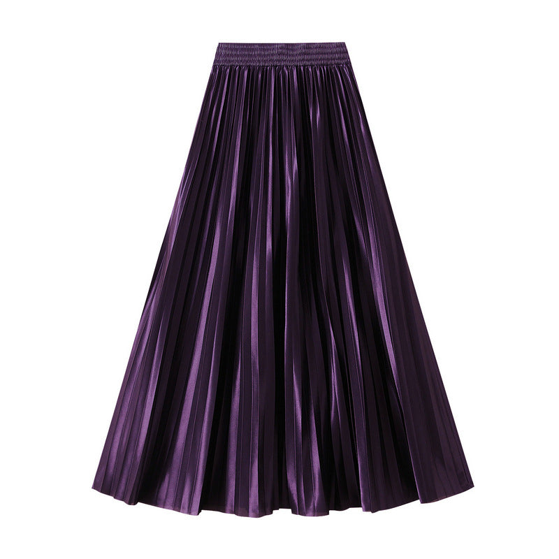 Glossy High-Waist Pleated A-Line Skirt in One Size Purple - by Malbusaat
