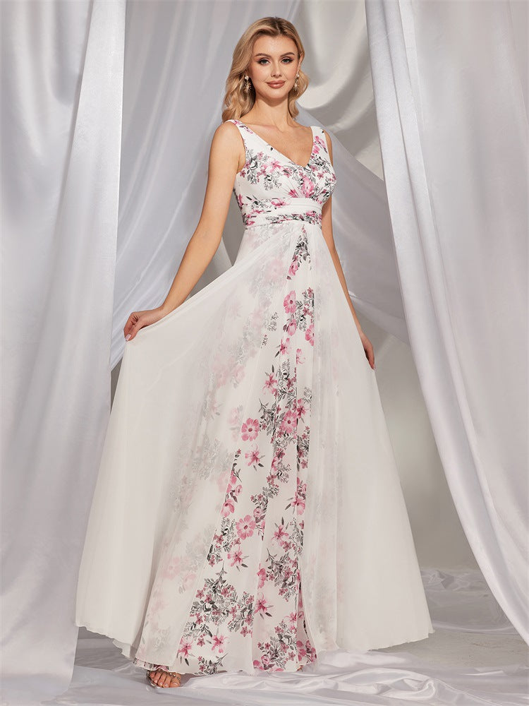 Elegant White Chiffon V-Neck Maxi in - by Malbusaat