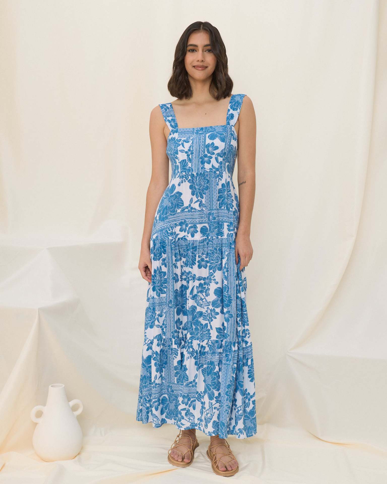 Boho Print Smocked Spaghetti Strap Midi Dress in - by Malbusaat