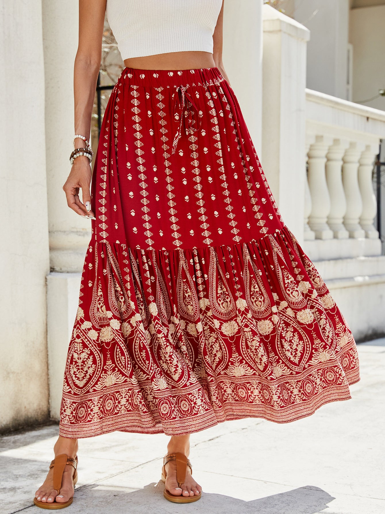 Bohemian High-Waist Swing Skirt in Burgundy - by Malbusaat
