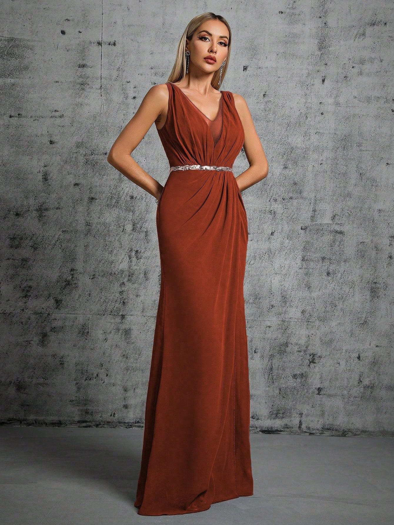 Elegant Brown V-Neck Maxi in - by Malbusaat
