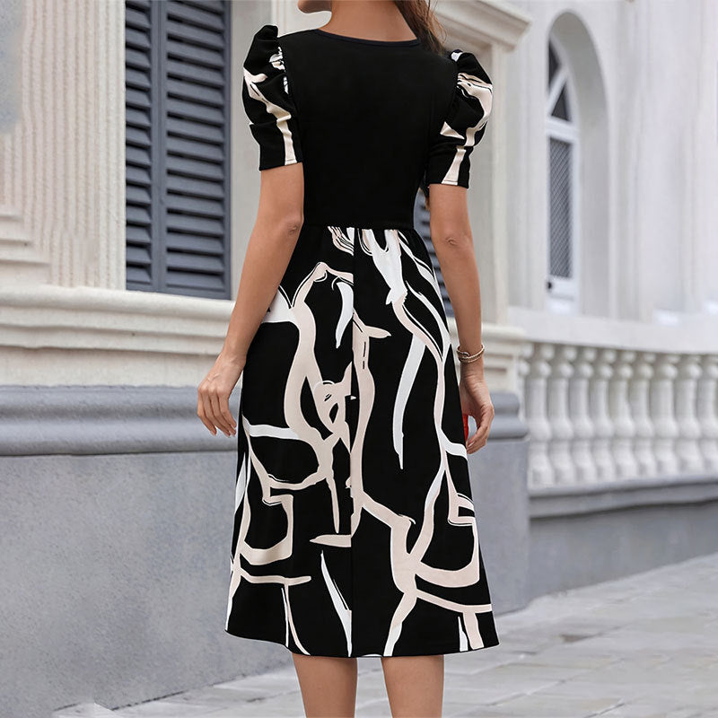 Graffiti Print Square Neck Puff Sleeve Midi Dress in - by Malbusaat