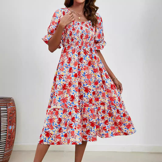 Pleated Puff Sleeve Smocked Floral Dress in - by Malbusaat