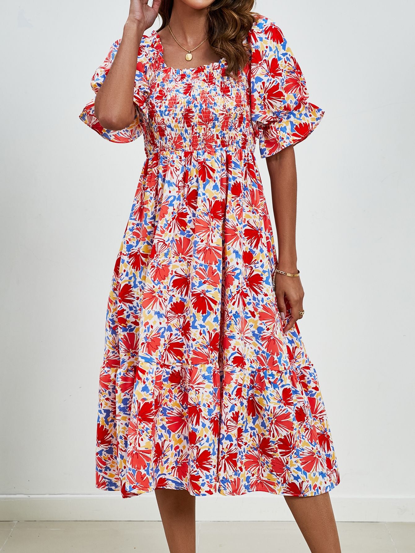 Pleated Puff Sleeve Smocked Floral Dress in Fireworks - by Malbusaat