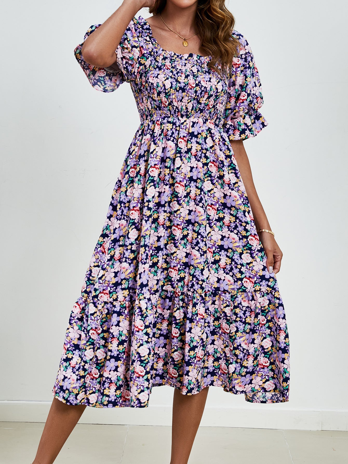 Pleated Puff Sleeve Smocked Floral Dress in - by Malbusaat