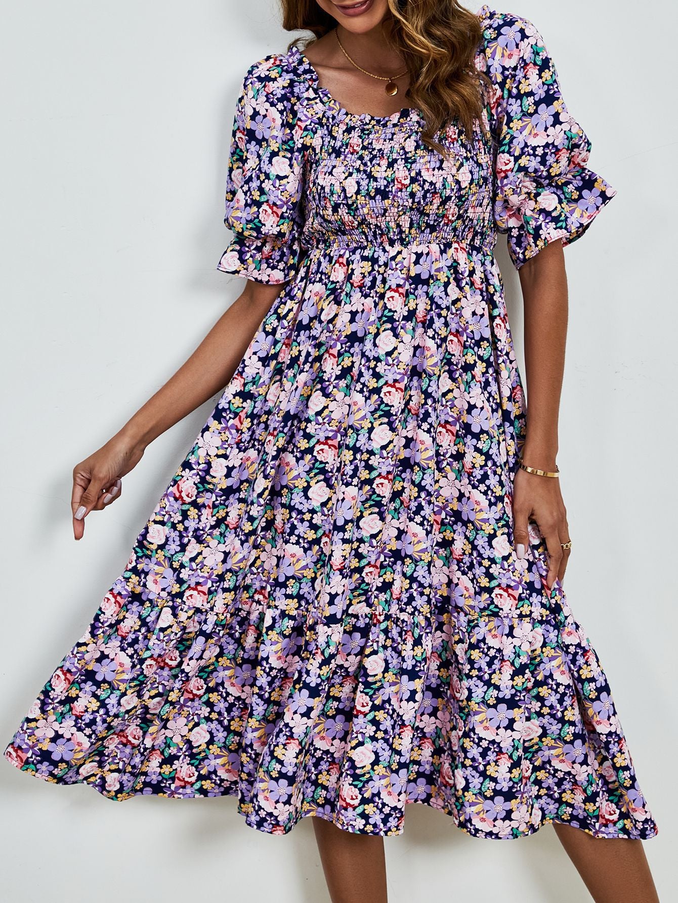 Pleated Puff Sleeve Smocked Floral Dress in - by Malbusaat