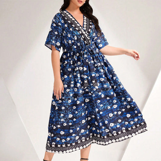 Plus Size Blue Printed V-Neck Maxi Dress with Tie in - by Malbusaat