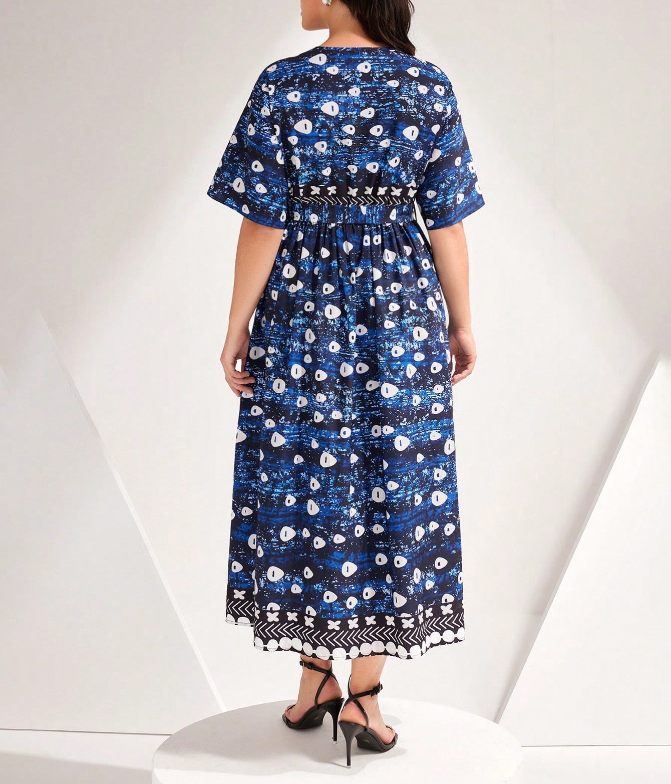 Plus Size Blue Printed V-Neck Maxi Dress with Tie in - by Malbusaat