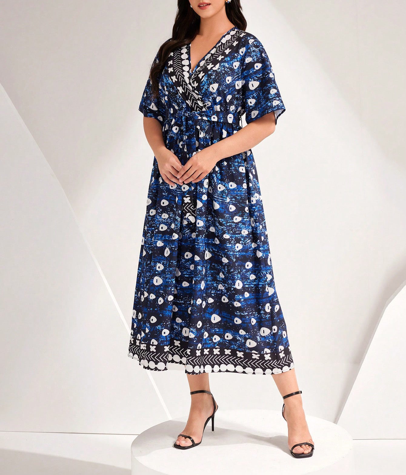 Plus Size Blue Printed V-Neck Maxi Dress with Tie in - by Malbusaat