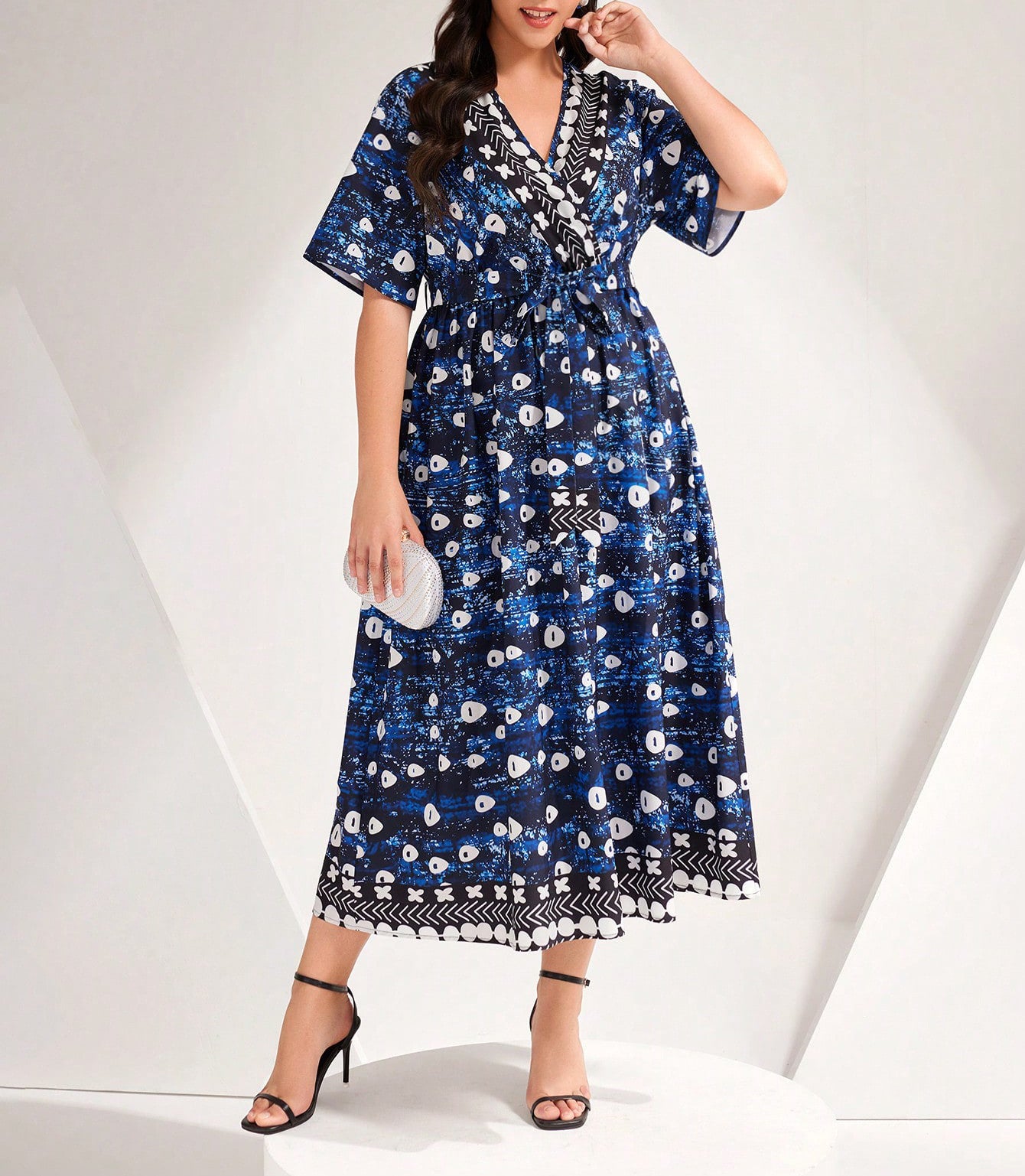 Plus Size Blue Printed V-Neck Maxi Dress with Tie in - by Malbusaat
