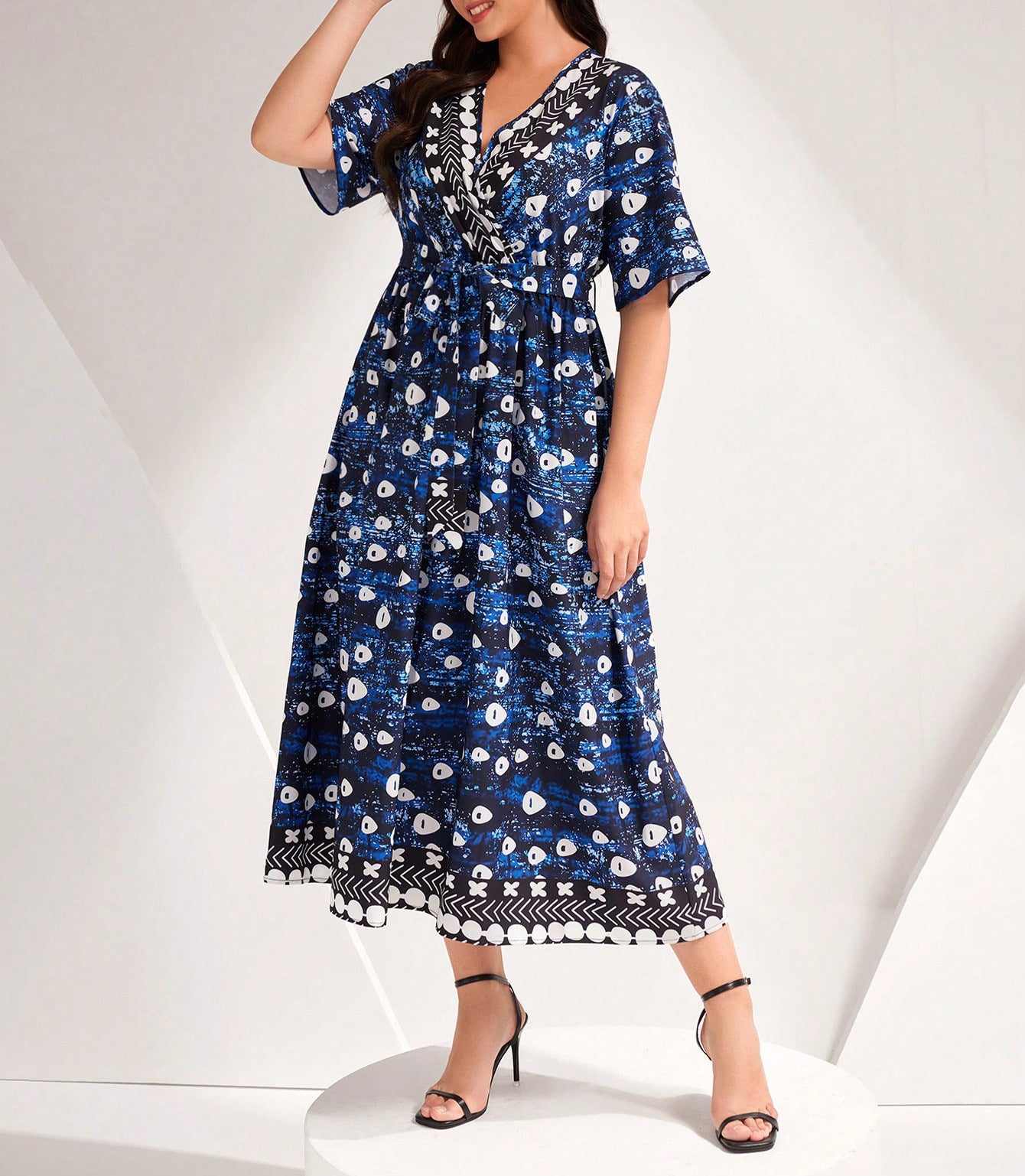 Plus Size Blue Printed V-Neck Maxi Dress with Tie in - by Malbusaat