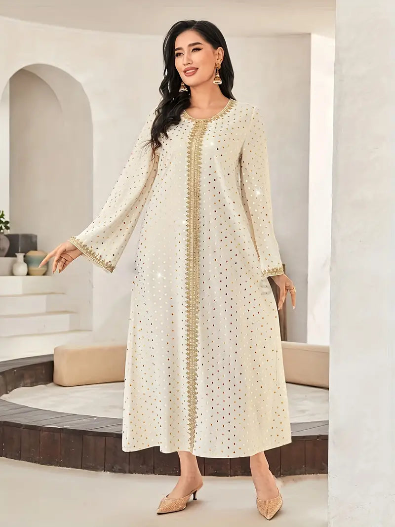 Polka Dot Print Crew Neck Kaftan Dress in - by Malbusaat