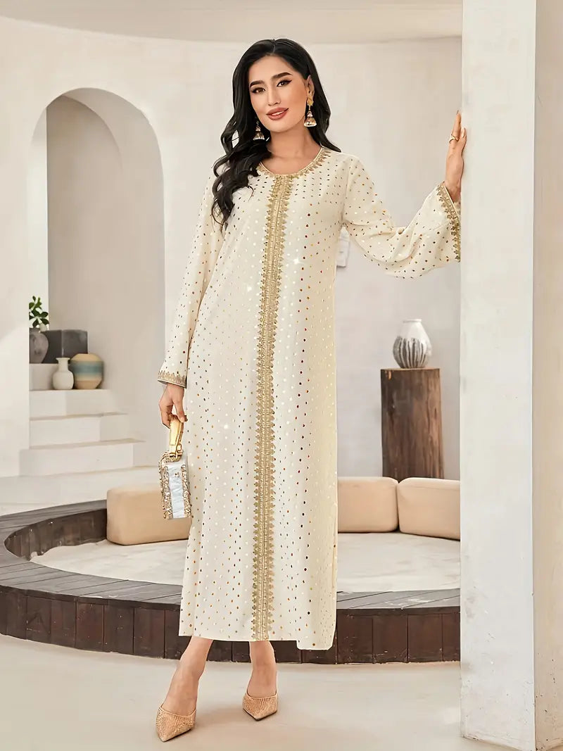 Polka Dot Print Crew Neck Kaftan Dress in - by Malbusaat