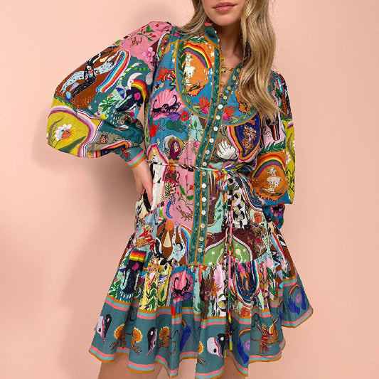 Printed Lace-Up Cotton Linen Pleated Dress in - by Malbusaat