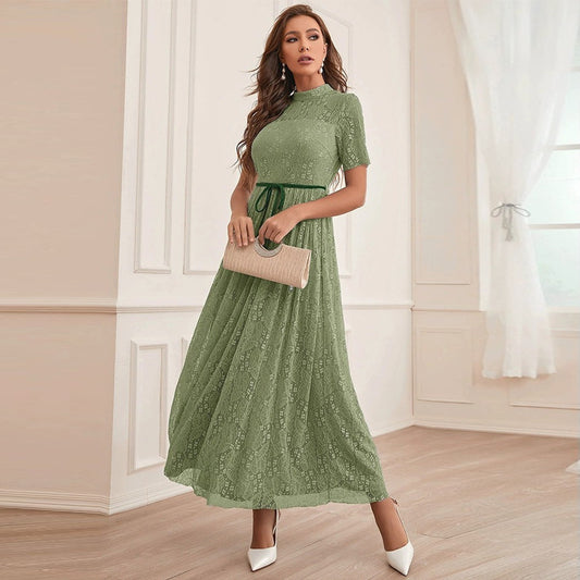 Printed Mesh Belted Maxi Dress in Green - by Malbusaat