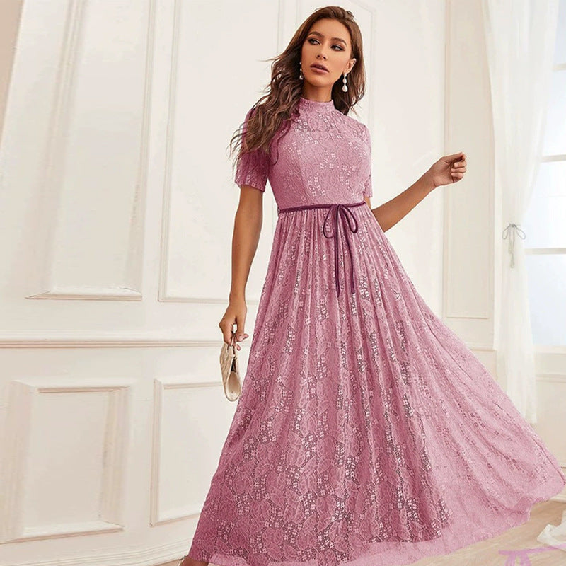 Printed Mesh Belted Maxi Dress in - by Malbusaat