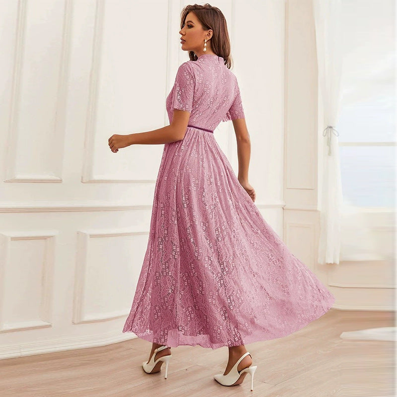 Printed Mesh Belted Maxi Dress in Pink - by Malbusaat