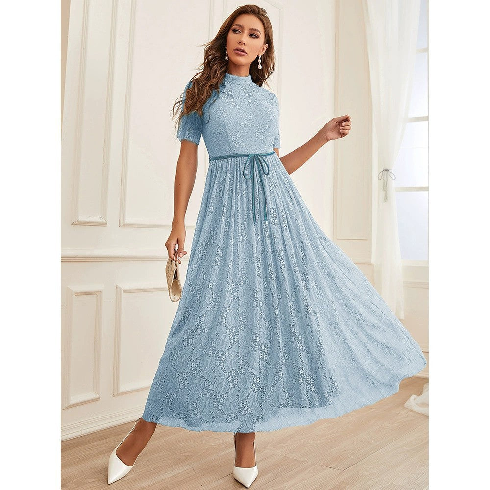 Printed Mesh Belted Maxi Dress in Light Blue - by Malbusaat