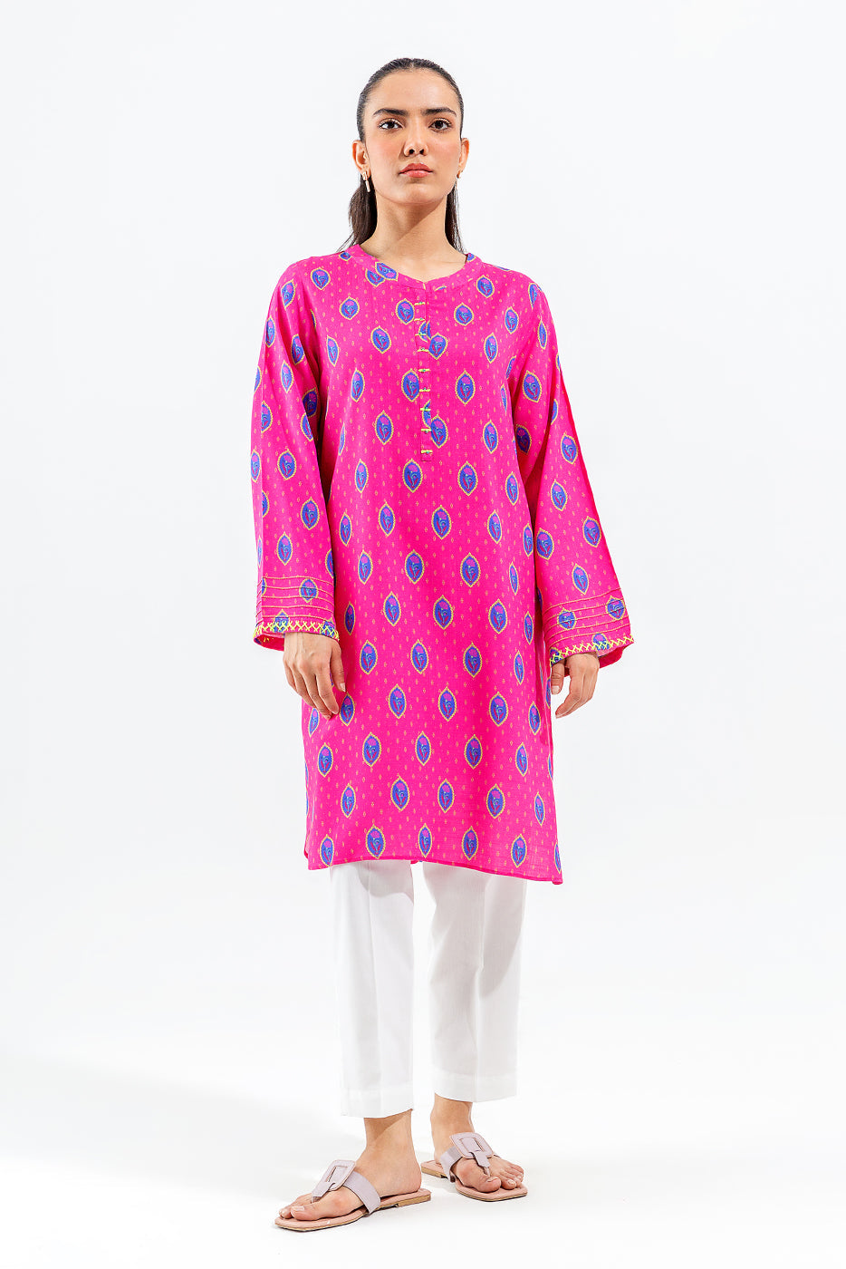 Printed Viscose Shirt with Hand worked Details in - Pakistani Dress by Malbusaat