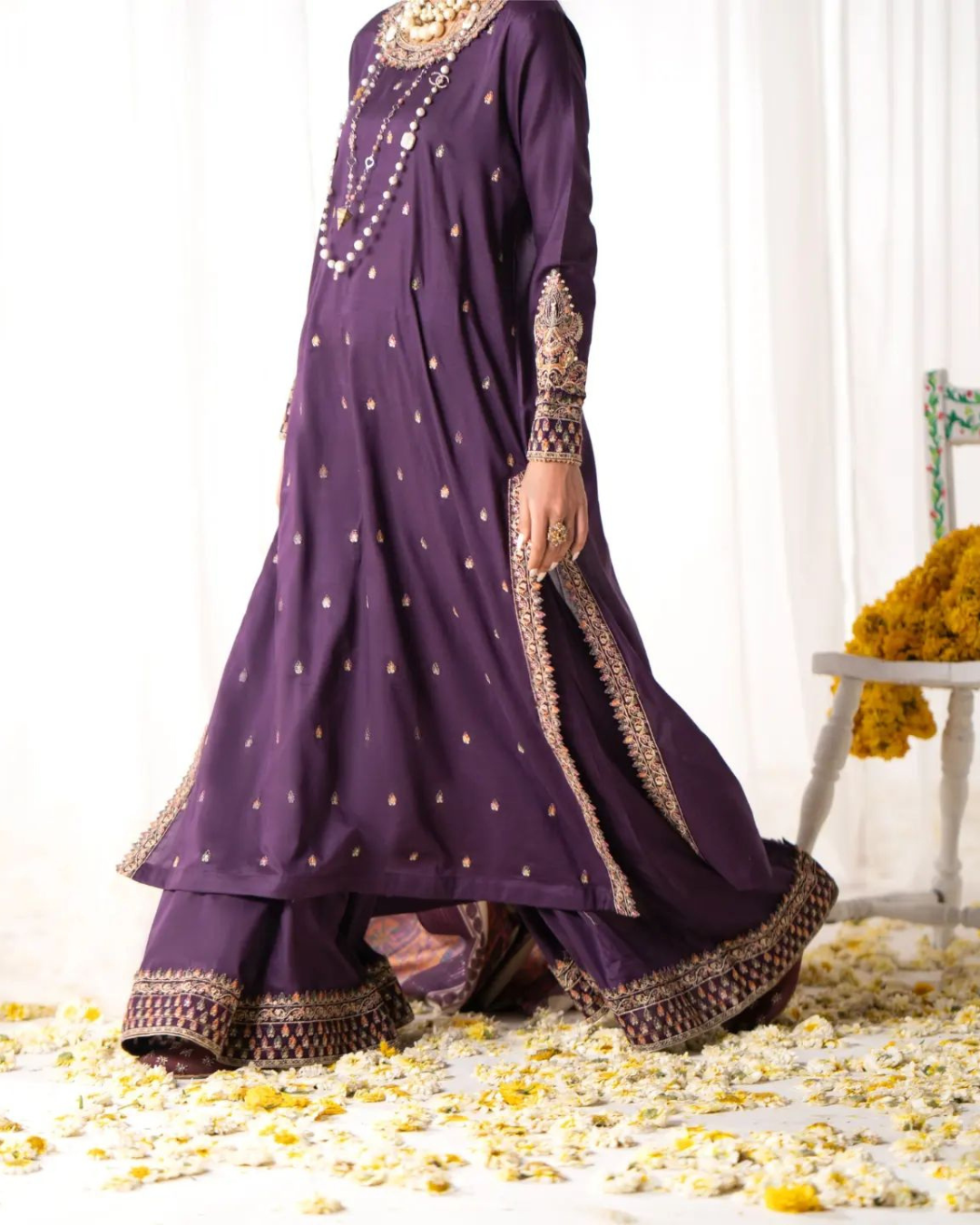 Purple Ethnic Outfit with Detailing in - Pakistani Dresses by Malbusaat
