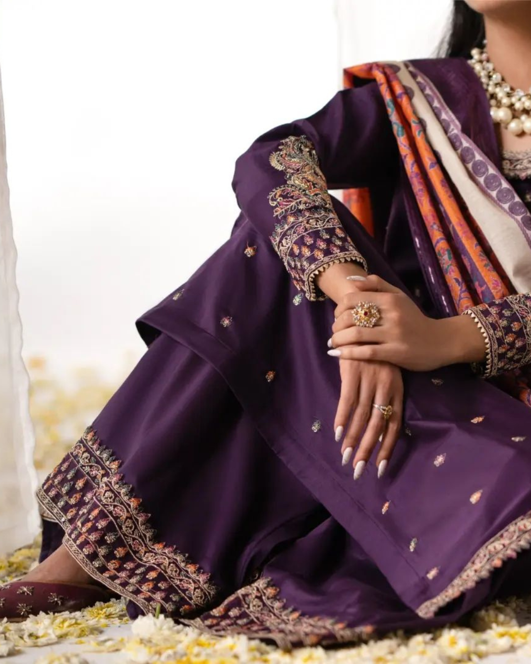 Purple Ethnic Outfit with Detailing in - Pakistani Dresses by Malbusaat