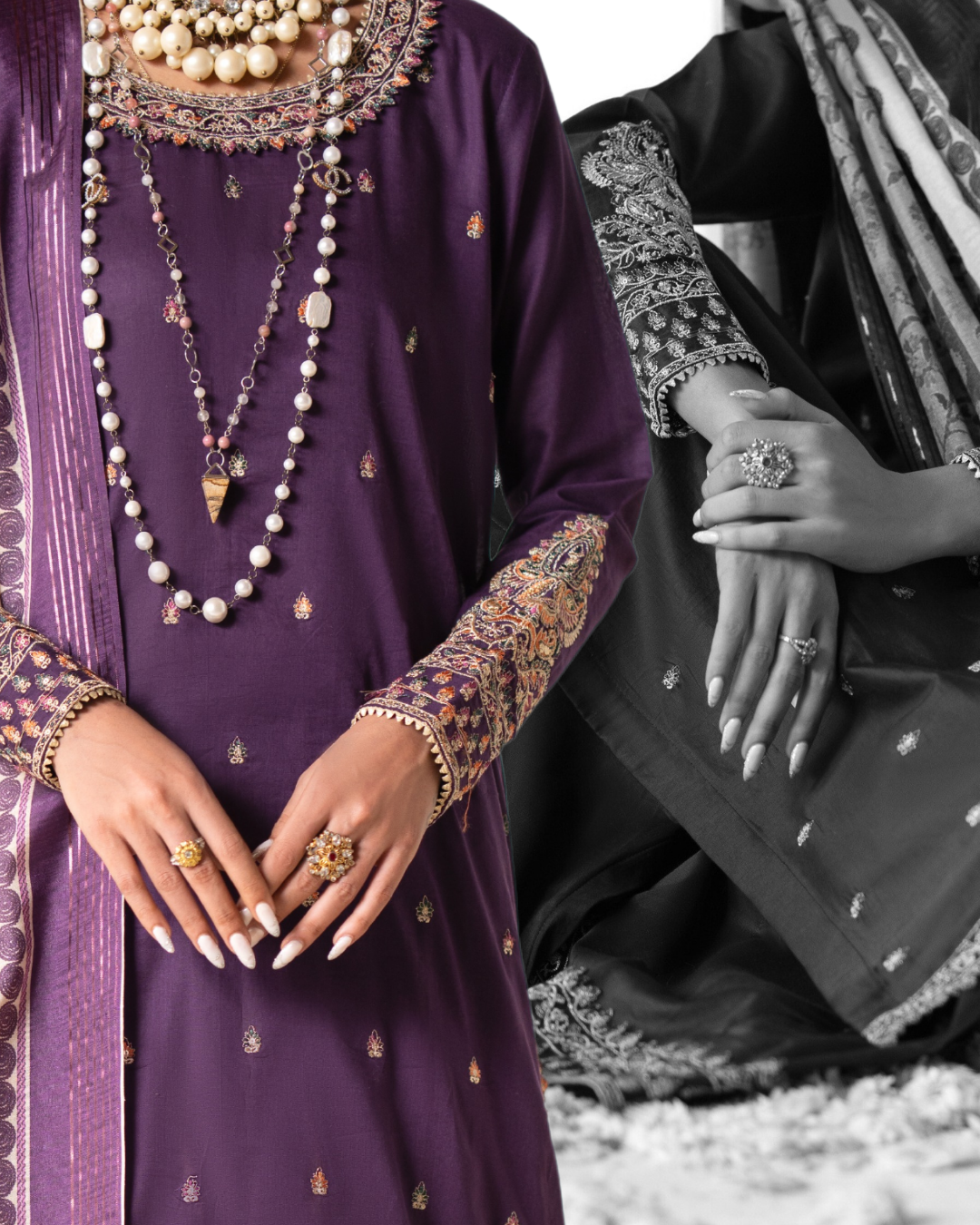 Purple Ethnic Outfit with Detailing in - Pakistani Dresses by Malbusaat